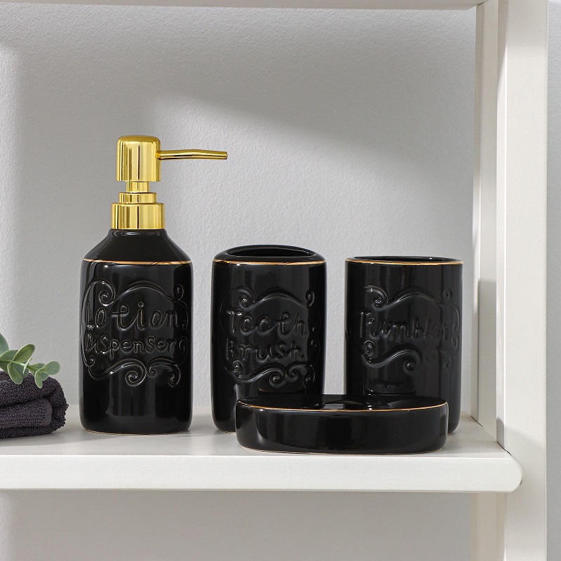 Фото №1 - Набор для ванной SOUL, 4 предмета (мыльница, дозатор для мыла, 2 стакана), цвет черный . Артикул: 7514783