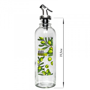  Фото №1 - Бутылка цилиндр для масла с пл. дозатором, Olive oil зеленые оливки, 330 мл, стекло. Артикул: 01920-00517