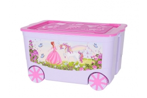 Ящик для игрушек "KidsBox" на колёсах ПРИНЦЕССА и единорог, лаванд. с розов.крышкой(6). Артикул: Эльф-449
