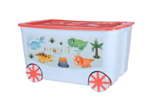 Ящик для игрушек `KidsBox` на колёсах светло-мятный с динозаврами крышка коралл(6). Артикул: Эльф-449