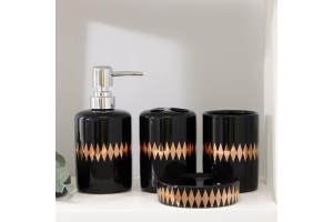 Набор для ванной "Лесли", 4 предмета (мыльница, дозатор для мыла, 2 стакана), цвет черный . Артикул: 6851648