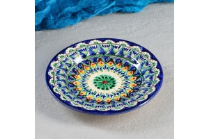 Тарелка Риштанская Керамика "Цветы", синяя, плоская, 17 см, микс. Артикул: 1573764