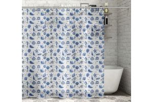 Штора для ванной комнаты 180х180 см `Ракушки`, цвет сине на белый. Артикул: 1534656