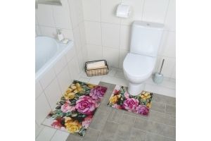 Набор ковриков для ванны и туалета 2 шт 40х50, 50х89 см "Акварель пионы". Артикул: 4684399